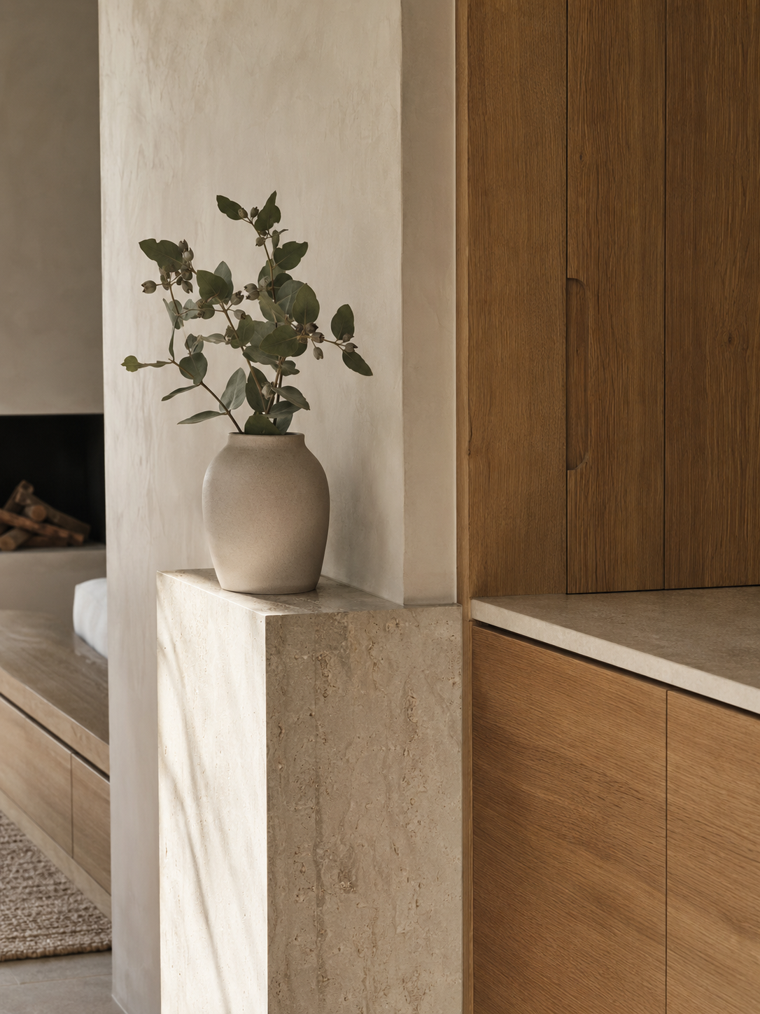 Finished residential interior with warm timber and natural stone detailing