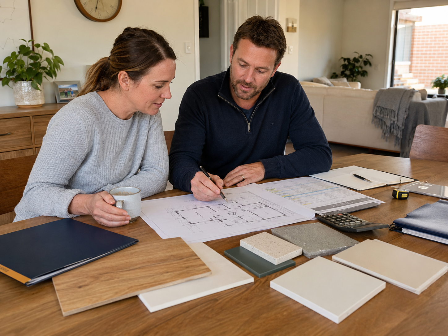 Australian homeowners reviewing renovation plans, costs and finishes